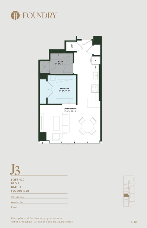 Floor plan for 1 bed, 1 bath, 620 sqft